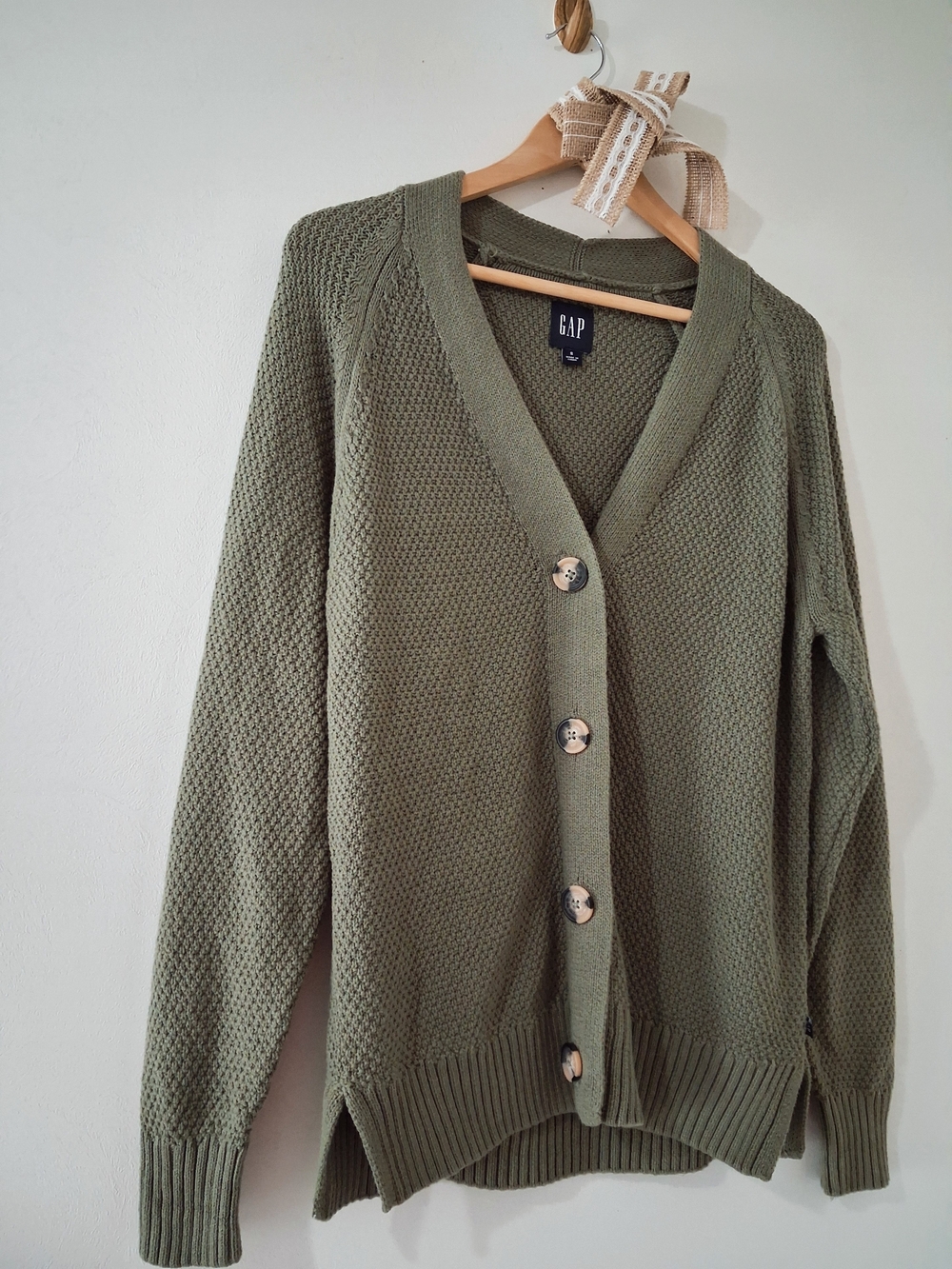 Gap Vintage Green Shaker Cotton Knit Button Front Cardigan Fisherman Sweater S